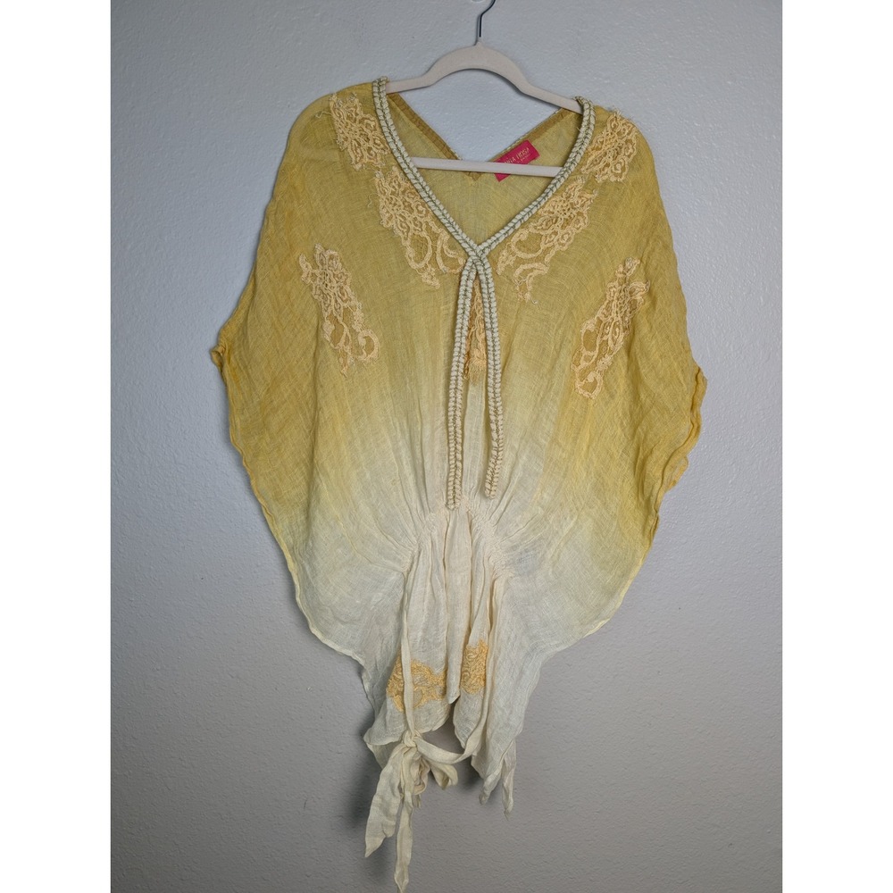 Vanita Rosa Paris St Barth Yellow Ombre Linen Lace Kaftan Top Made in France